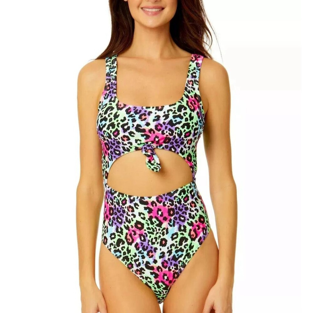 NWT Salt + Cove Neon Leopard Print Cut-Out One-Piece Swimsuit - XS - Picture 3 of 6